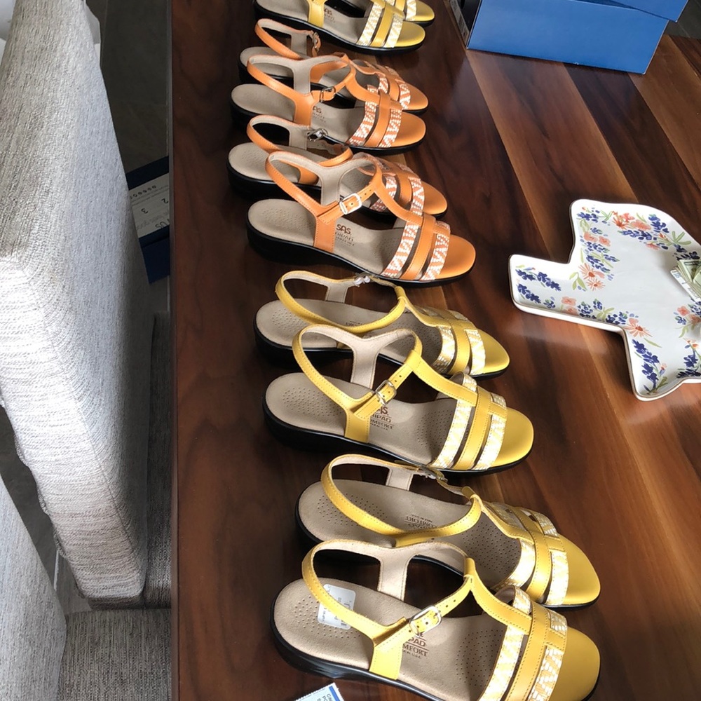 I have five pairs of sandals sizes are 8.5 Medium and 9 Medium. New in a box